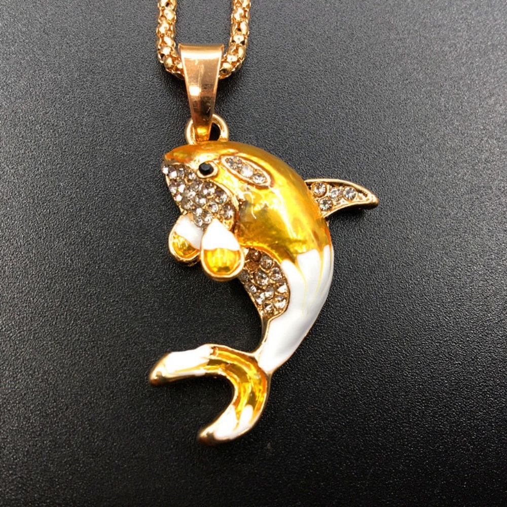 New‎ Dolphin Whale Fish Pendant Sweater Necklace Crystal Enamel Long Gold Tone